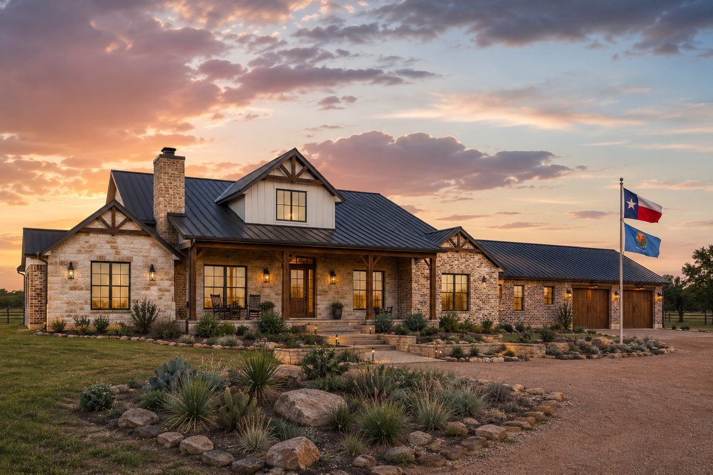 Stone and brick ranch home at sunset with Texas and Oklahoma flags